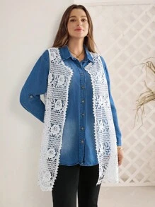 EMERY ROSE معطف نسائي كبير الحجم بدون أكمام مزخرف بالدانتيل، مناسب للخريف والصيف