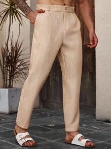 Manfinity Homme Quần dài đi nghỉ thường ngày vải lanh hai màu cỡ lớn dành cho nam - Màu Khaki - Xem 1