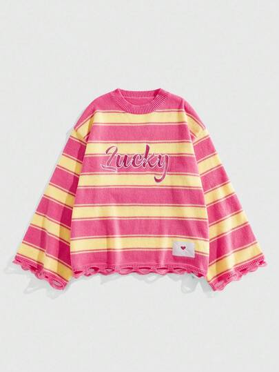 ROMWE MEN Prep Spring Casual Graphic Red Men'S Kpop Crew Neck Striped Print Knit Sweater, Unisex Fashion , Fall Winter