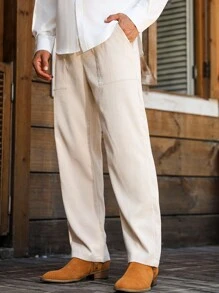 Manfinity Nomadique Men's Solid Color Drawstring Waist Pockets Straight Corduroy Casual Pants Western Cowboy Style - Khaki - View 6