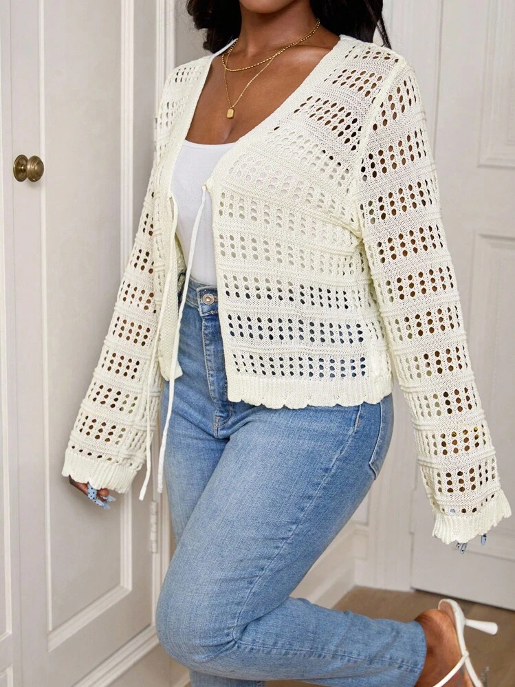 SHEIN PETITE CURVE Plus Size Ladies' Vacation Casual Solid Color Hollow Knitted Crop Cardigan,Long Sleeve Tops In Fall/Winter - Beige - View 4