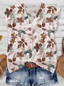 EMERY ROSE 水彩秋叶印花教师礼物休闲简约大码衬衫，适合秋季 - 彩色 - 查看 6