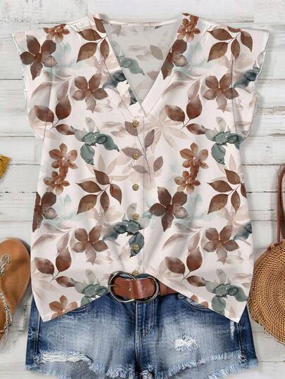 EMERY ROSE Chemise minimaliste décontractée à imprimé de feuilles d'automne à l'aquarelle, cadeau pour professeur, grande taille, convient pour l'automne