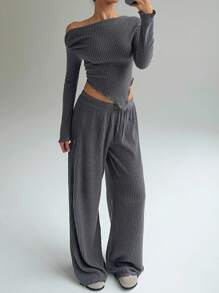 FavEase Asymmetric Neck Long Sleeve T-Shirt And Wide Leg Pants Two Piece Set - Grey - View 4