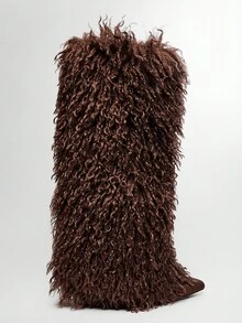 SHUZIA Women Fashion Furry Pointed Toe Skinny Heel Winter Warm Comfortable Mid-Calf Boots - Coffee Brown - View 5