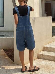 SHEIN Tween Girls' Casual Loose Academy Style Dark Blue Denim Overalls Shorts, Summer - Dark Wash - View 2