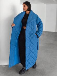 EURMUSE 女式绗缝长袖单排扣宽松口袋休闲长款夹克 - 藍色 - 查看 6