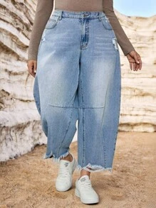 SHEIN Tall CURVE Plus Size Fall Autumn Back To School Homecoming Halloween Y2k Cute Streetwear Goth Grunge Techno Birthday Night Out Going Out Club Airport Casual Washed Distressed Jeans Women's Light Blue Jeans Low Waist Banana Pants Casual, Going Out Casual Non,Stretch American Streetwear Denim Blue Jeans, All Season