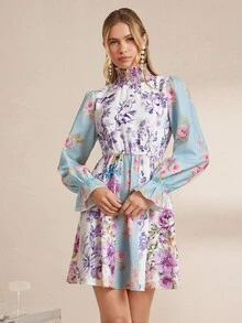 Amorya 女士优雅高领花卉印花收腰修身长袖A字短裙，秋季 - 彩色 - 查看 5