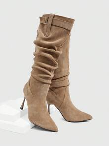 CUCCOO SZL Apricot Faux Suede Thigh High Boots For Women With Fashion High Heels For Christmas Spring Shoes - Brown - View 8