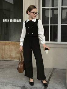 2件套：翻领拼布长袖衬衫+休闲直筒裤 - 黑色 - 查看 1