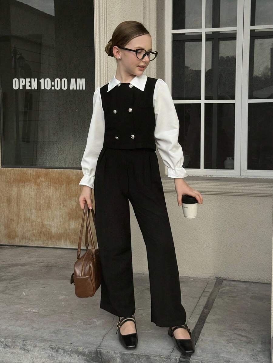 2件套：翻领拼布长袖衬衫+休闲直筒裤 - 黑色 - 查看 1