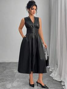 INAWLY 女式纯色无袖性感收腰V领长款拉链前开式黑色正式连衣裙