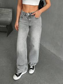 EURMUSE Low Waist Pocket Detailed Straight Jean - Grey - View 6