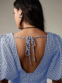 MISSGUIDED 泡泡袖格纹纽扣迷你连衣裙夏季度假春季海滩度假装茶会小屋核心前系带复古风格 A 字裙 - 藍色 - 查看 4