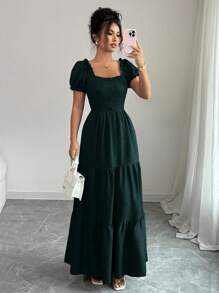 Elenzga 女士优雅长裙，独特领口，多层拼接，荷叶边饰边，修身设计/垂坠/多层/节日服装/波西米亚风/浪漫花卉/度假休闲/非洲连衣裙/女士非洲连衣裙/绷带连衣裙/伴娘礼服 - 墨綠色 - 查看 7