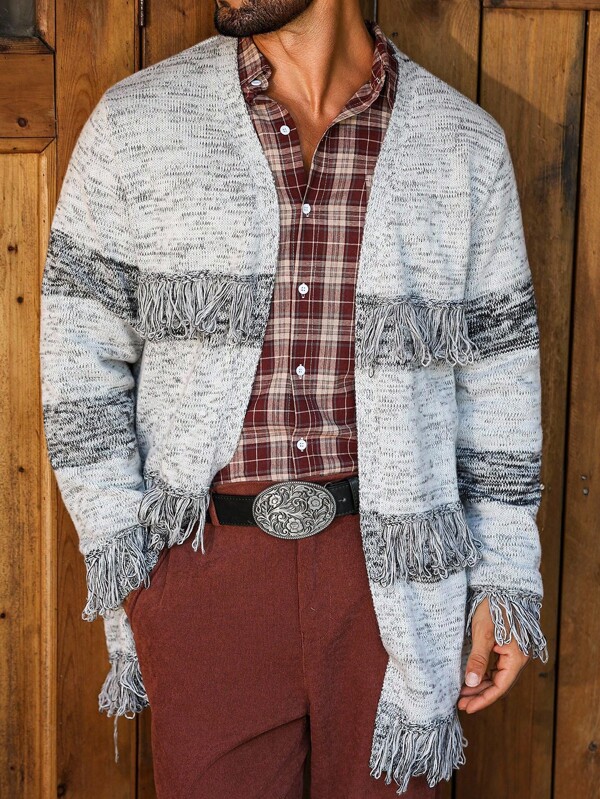Manfinity Nomadique Herren Kontrast-Farbblock Fransen Dekor Strickjacke