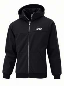 SHEIN Teenager Boys' Casual Solid Color Slogan Print Hooded Zip-Up Sweatshirt Jacket, All-Match Versatile For Commuting, School, Daily Casual, Travel, Sports, Suitable For Autumn/Winter Zip Up Jacket Black Jacket Boys Black Zip Up Hoodie Boys Boys Hoodie Fall - Black - View 2