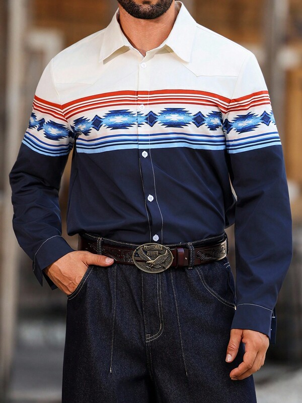 Manfinity Nomadique Camisa casual de manga larga con botones y rayas de contraste para hombres, camisa occidental de estilo mexicano, camisa vaquera Carter de corte ajustado, para el otoño