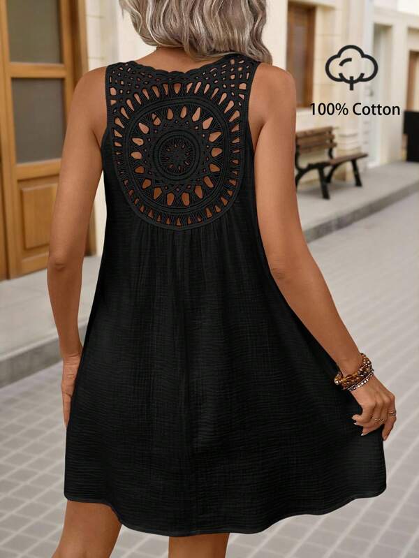Brillora Vestido de tirantes negro de verano estilo bohemio con detalles calados