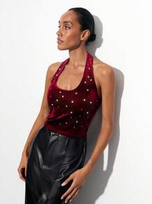 Maija Women's Burgundy Summer 70's Club Night Party Disco Crew Neck Halter Cropped Velvet Tank Top,Hotfix Rhinestones Christmas Business Casual - Burgundy - View 9