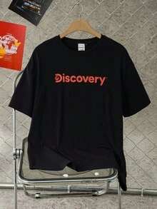 Discovery X SHEIN 女式休闲时尚街头风格美国动物与字母图案宽松 T 恤，夏季 - 黑色 - 查看 2