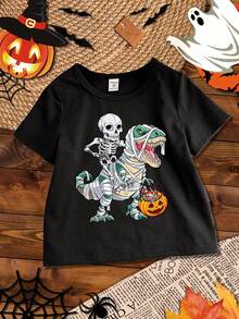 SHEIN Áo thun cổ tròn in họa tiết đầu lâu thời trang, khủng long hóa thạch, đầu bí ngô độc ác cho bé trai, phù hợp cho mùa hè, mùa thu, Halloween, trang phục Halloween, Halloween, trang phục Halloween của ác quỷ, quần áo Halloween cho trẻ mới biết đi, áo phông Halloween cho bé trai, đêm kinh dị Halloween, quần áo Halloween, đồ ngủ Halloween - màu đen - Xem 2