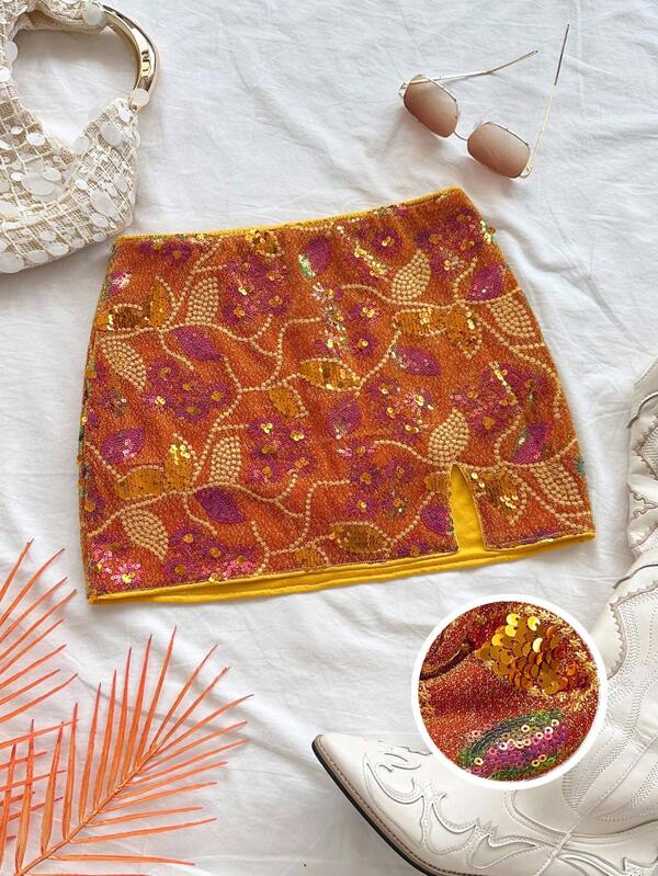 Soleia Falda mini de cintura baja con abertura alta, bordada con brillo naranja, estilo vintage western, para fiestas románticas de vacaciones