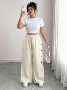 Elenzga Plus Size Casual Versatile 3D Floral Decor Wide Leg Pants Fall Cloth For Women - Apricot - View 5