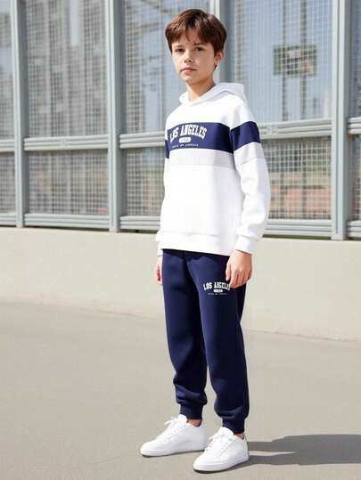 SHEIN Leap Crew Bộ 2 món áo hoodie phối màu tương phản thoải mái thường ngày cho bé trai và bé gái kèm quần jogger dáng rộng thoải mái