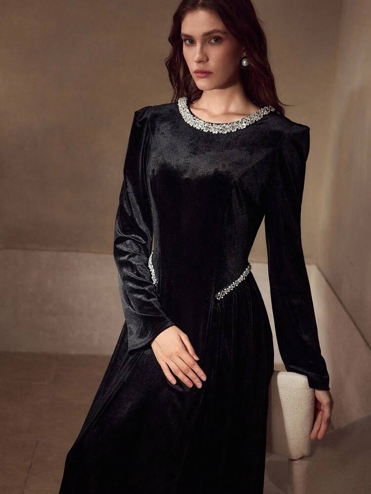 VELVET RHINESTONE TRIM FORMAL DRESS