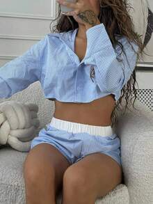 RebeccaVibe Blue Woven Women's Single Breasted Long Sleeve Top And Shorts Casual Set - Blue - View 5