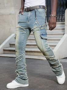 ROMWE MEN Street Life 男士做旧层叠喇叭牛仔裤 - 深色水洗藍 - 查看 1