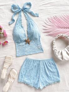 Soleia 女士春夏季假期波西米亚海滩婚礼宾客毕业早午餐服装，优雅的圣帕特里克节春假复活节音乐节热带别致蓝色蕾丝细肩带露背蝴蝶结背心和低腰迷你短裤套装 - 淺藍色 - 查看 1