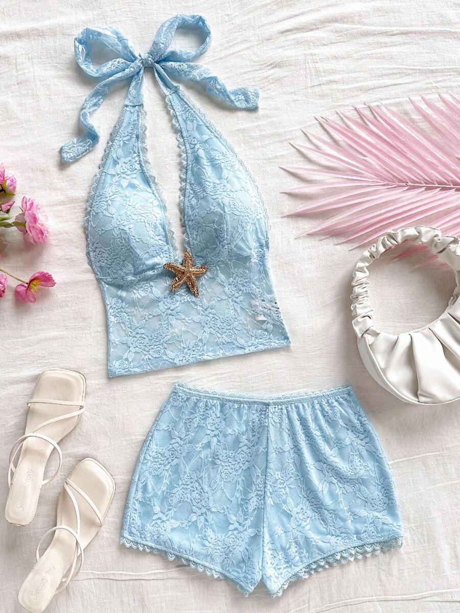 Soleia 女士春夏季假期波西米亚海滩婚礼宾客毕业早午餐服装，优雅的圣帕特里克节春假复活节音乐节热带别致蓝色蕾丝细肩带露背蝴蝶结背心和低腰迷你短裤套装 - 淺藍色 - 查看 1