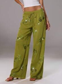 TRNVIE 女式亮片装饰休闲裤，春夏 - 綠色 - 查看 3
