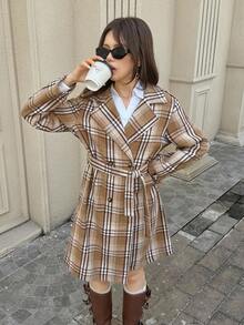 SHEIN Teen Girls' Fashionable Plaid Print Double-Breasted Waist Belt Coat Fall Winter