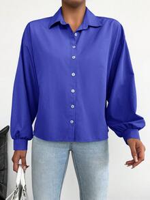 EURMUSE Women's Casual Solid Color Drop Shoulder Loose Long Sleeve Shirt, Versatile For Spring And Autumn - Royal Blue - View 3