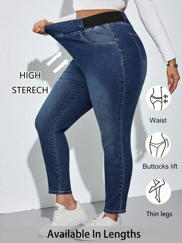 SHEIN Tall CURVE Plus Size Fall Autumn Back To School Homecoming Halloween Y2k Cute Streetwear Goth Grunge Coquette Techno Birthday Night Out Going Out Club Airport Business Casual Woman Country Vintage Modest Old Money Business Casual Woman Work Clothes Teacher For Women Church Women Solid Color Casual Blue Jeans Elastic Waist Jeans High Stretch Jeans