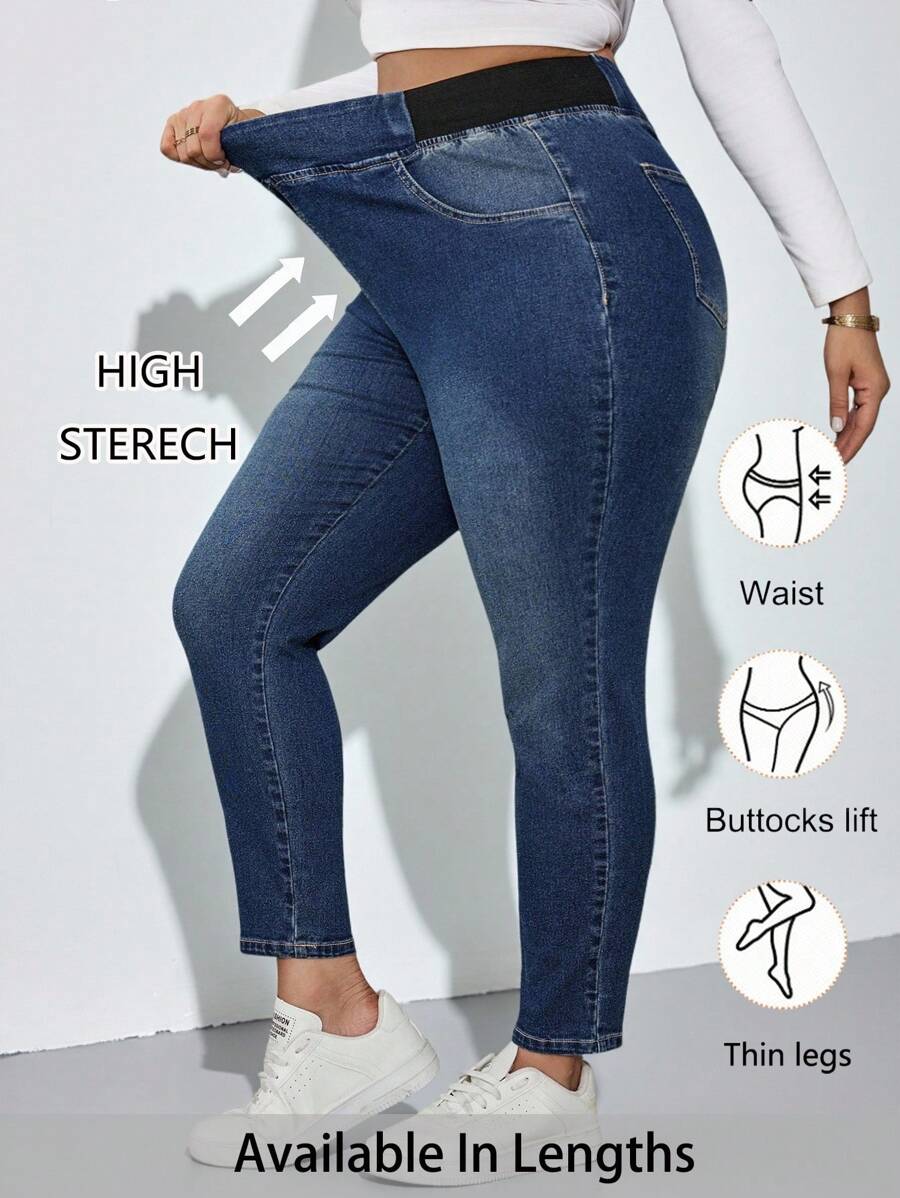 SHEIN Tall CURVE Plus Size Fall Autumn Back To School Homecoming Halloween Y2k Cute Streetwear Goth Grunge Coquette Techno Birthday Night Out Going Out Club Airport Business Casual Woman Country Vintage Modest Old Money Business Casual Woman Work Clothes Teacher For Women Church Women Solid Color Casual Blue Jeans Elastic Waist Jeans High Stretch Jeans - Blue - View 1