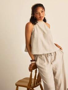 SHEIN VCAY Conjunto de 2 piezas de top casual con hombros descubiertos y pantalones holgados para tallas grandes - Albaricoque - Ver 4