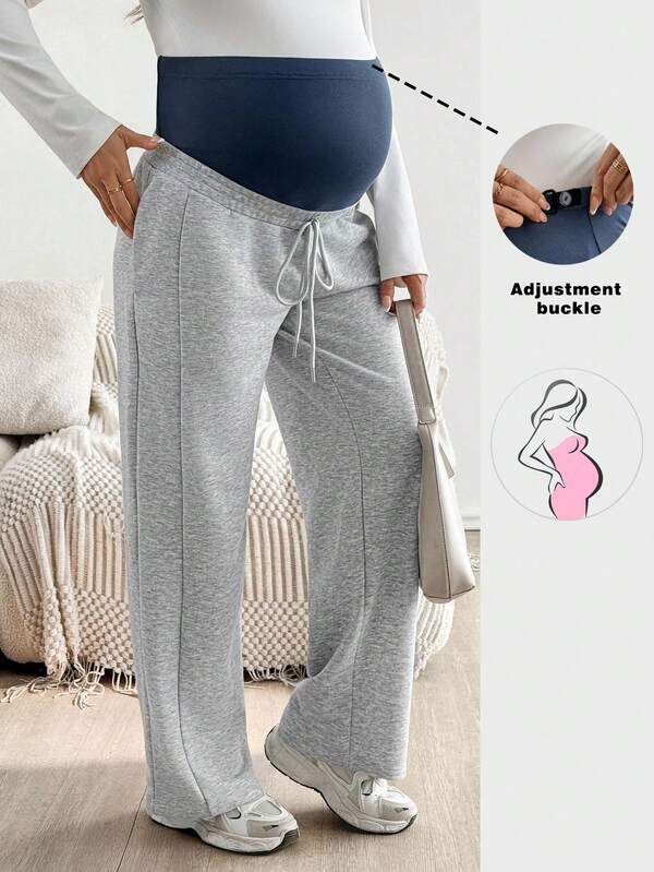 SHEIN Pantalón de chándal holgado de cintura alta ajustable con cordón y patchwork para maternidad