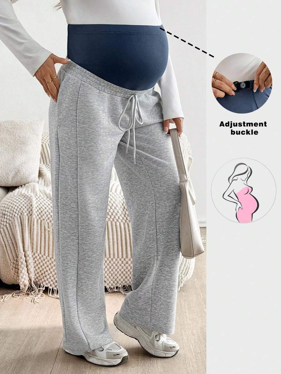 SHEIN Autumn And Winter Maternity Casual Patchwork Adjustable High Waist Drawstring Loose Wide Leg Sweatpants