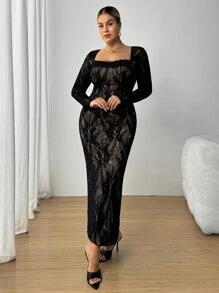 SHEIN PETITE CURVE 大码女式新款秋冬派对/约会/宴会性感S形蕾丝长袖罩杯束腰领修身及地长黑色连衣裙，女士夏季连衣裙，茶会连衣裙 - 黑色 - 查看 3