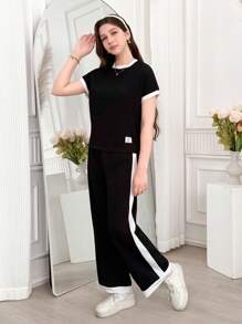 少女休闲百搭百搭日常居家度假黑白撞色边宽肩无袖圆领T恤+阔腿梭织裤套装