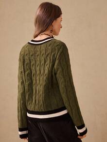Wildy American Country Casual College Style New Winter Knit Sweater With Contrast Trim, Back To School Collection Green Sweater Women Pullover Sweater Cable Knit Sweater V-Neck Sweater Striped Trim Sweater - Green - View 5