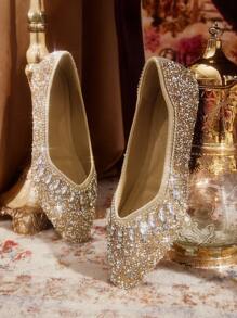 CUCCOO TILAWA 女士时尚尖头香槟色水钻装饰平底鞋，奢华舒适一脚蹬休闲鞋 - 香檳色 - 查看 2