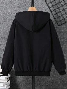 SHEIN Teenager Boys' Casual Solid Color Slogan Print Hooded Zip-Up Sweatshirt Jacket, All-Match Versatile For Commuting, School, Daily Casual, Travel, Sports, Suitable For Autumn/Winter Zip Up Jacket Black Jacket Boys Black Zip Up Hoodie Boys Boys Hoodie Fall - Black - View 4