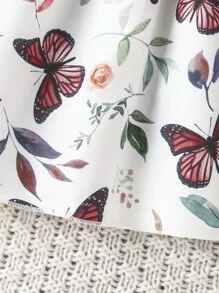 SHEIN Young Girl Butterfly Print Ruffle Trim Belted Dress - Red and White - View 7