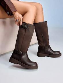 CUCCOO GRLICON Sepatu Bot Berkuda Wanita Warna Cokelat Kopi dengan Sol Tebal dan Hak Tebal, Serbaguna untuk Musim Gugur/Dingin, Cocok untuk Halloween, Natal, Tahun Baru, Kencan Malam, Sepatu Bot Hiu - Coffee Brown - View 2